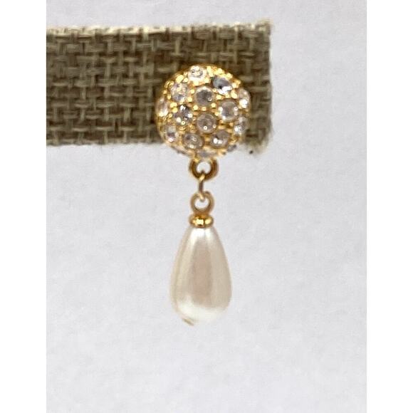 Vintage Earrings Dangles Drops Faux Pearl Drops Rhinestone Unmarked - Picture 7 of 8